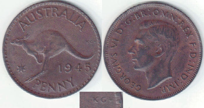 1945 Y. Australia Penny (dot behind KG) aEF A002271